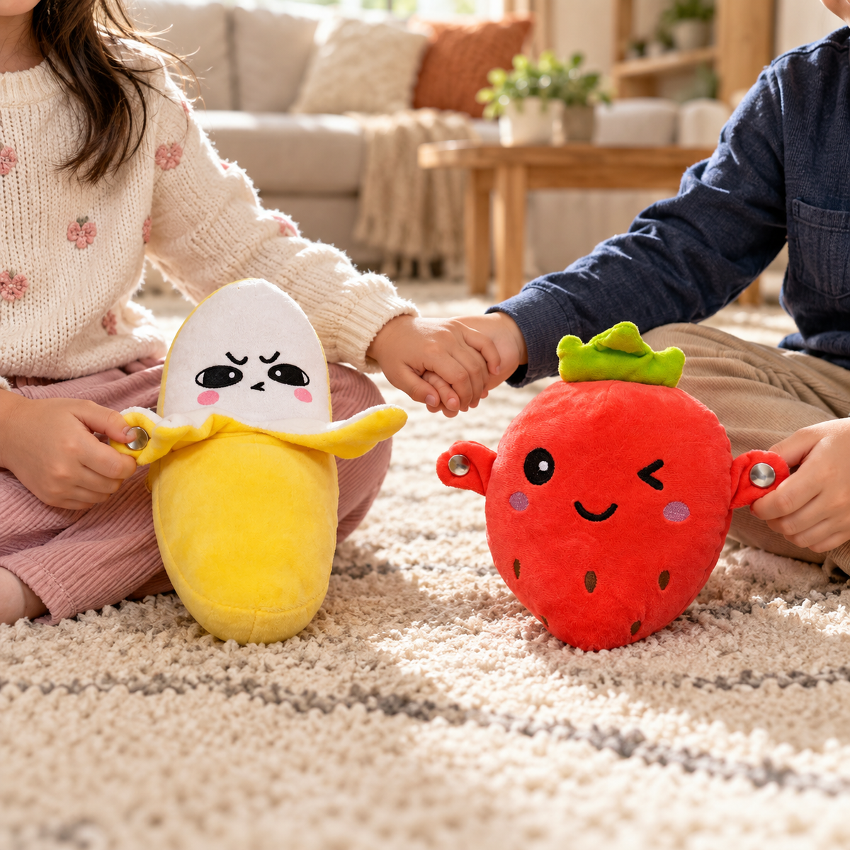 Two children playing together with Banana and Strawberry Beat Buddies