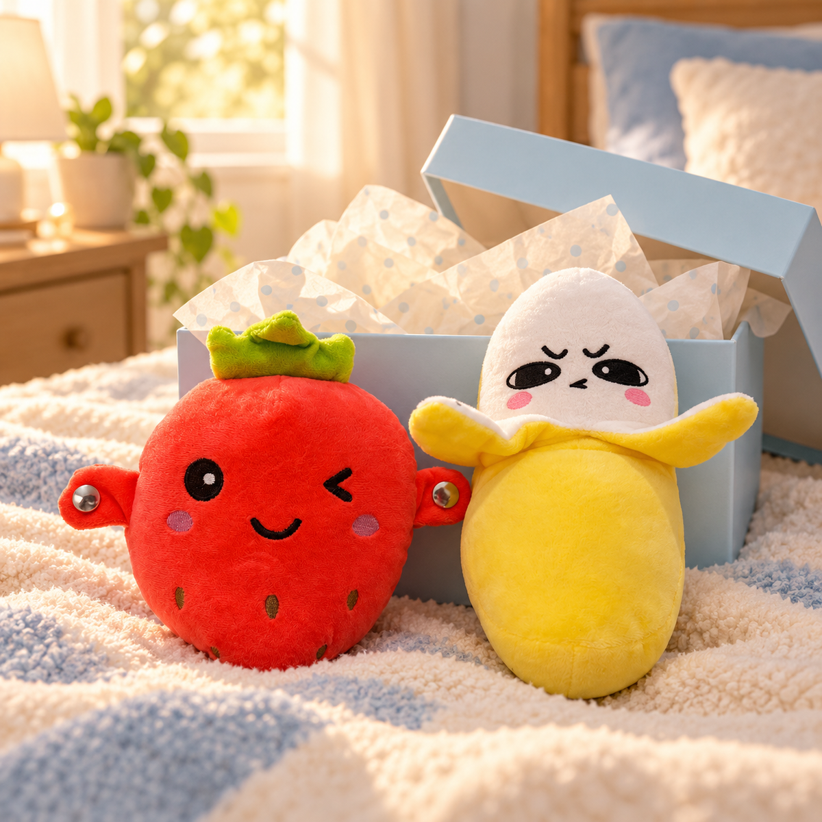 Banana and Strawberry Beat Buddies beside a pastel gift box