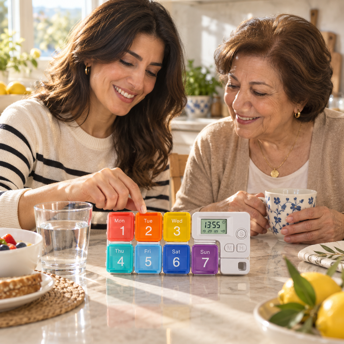 Adult daughter and mother using SmartDose in a calm daily routine